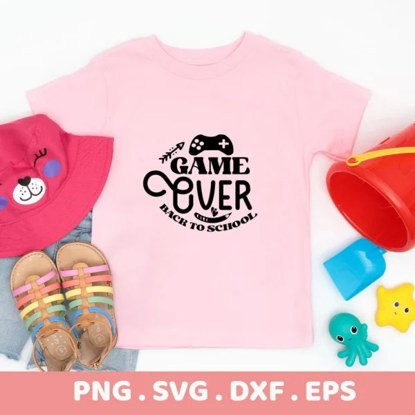 Pink t-shirt mockup with "Game Over SVG" design, a digital cut file for Cricut and Silhouette machines.