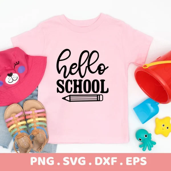 Pink t-shirt with "Hello School" SVG design, a digital cut file for Cricut and Silhouette machines.