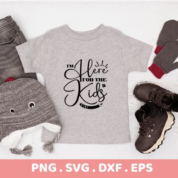 Here For Kids" SVG design on gray t-shirt mockup, a digital file for Cricut and Silhouette projects.