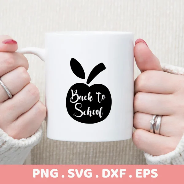 White mug with "Back to School" apple design, a Back to School SVG digital file for Cricut and Silhouette projects.