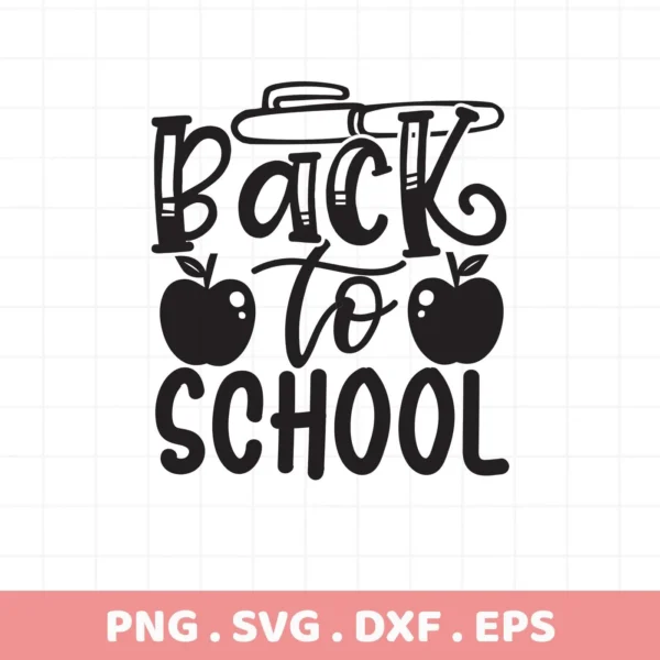 Back To School" SVG design with books and apples, a digital file for crafting.