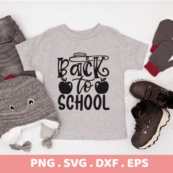Back To School SVG" design on a child's t-shirt, a digital file for crafting.