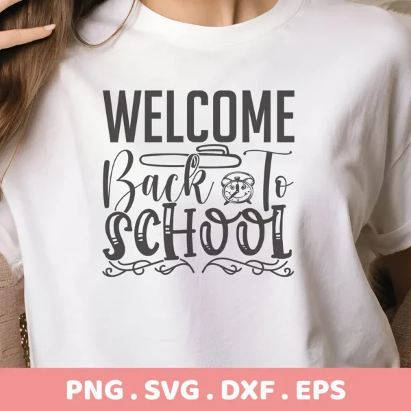 Welcome Back School" design on white t-shirt. Back School SVG cut file for Cricut, Silhouette, and other crafting machines.