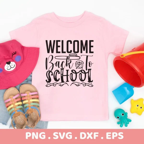 Pink shirt with "Welcome Back School" Back School SVG design, digital file for Cricut.