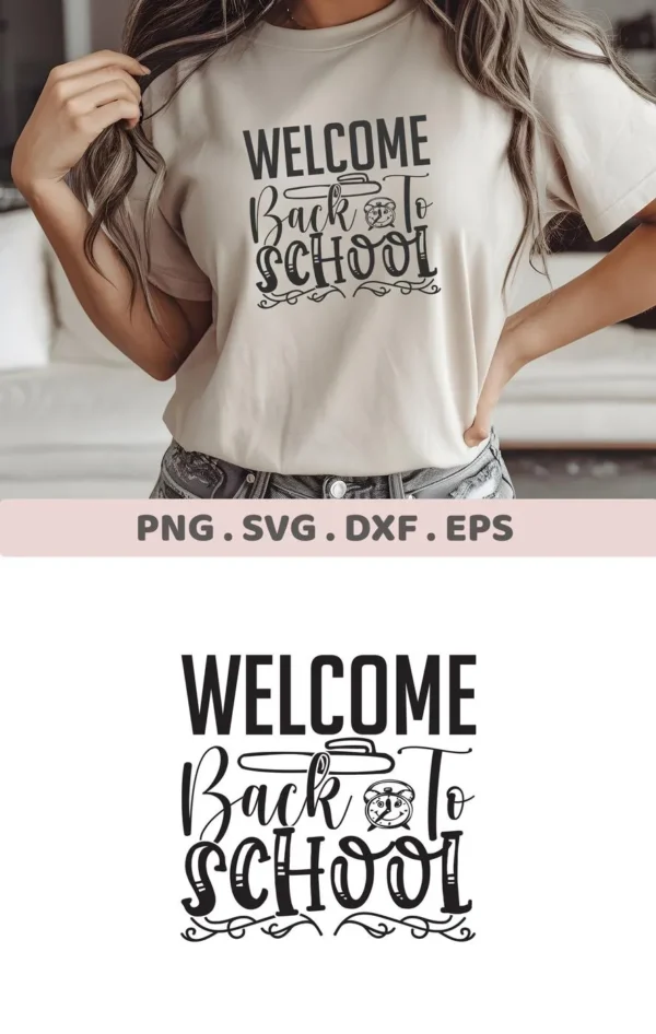 T-shirt mockup with "Welcome Back School" SVG design, a digital cut file for Cricut and Silhouette.