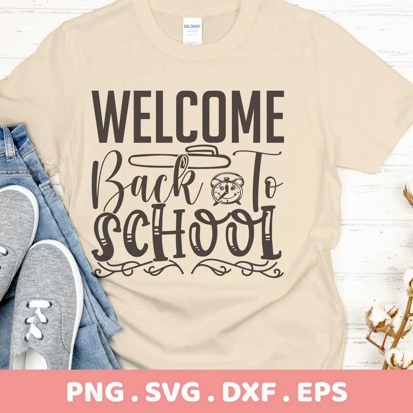 T-shirt mockup with "Welcome Back School" SVG design, digital file for crafting.