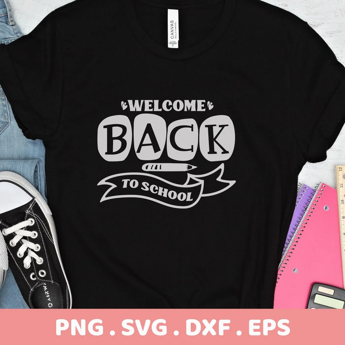 Black t-shirt mockup with "Welcome Back To School" SVG design, a digital file for Cricut.