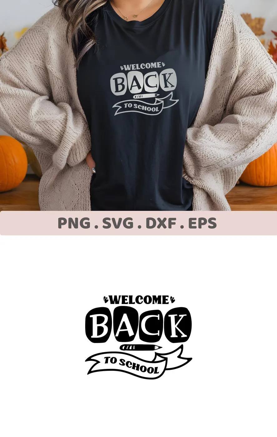 T-shirt mockup with "Welcome Back To School" SVG design, a digital file for Cricut and Silhouette projects.