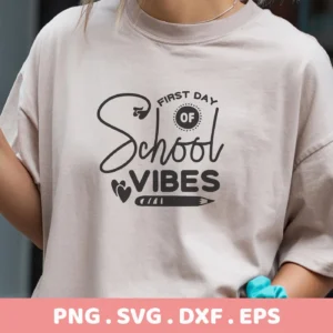 T-shirt mockup with School Vibes SVG design, a digital file for Cricut and Silhouette projects.