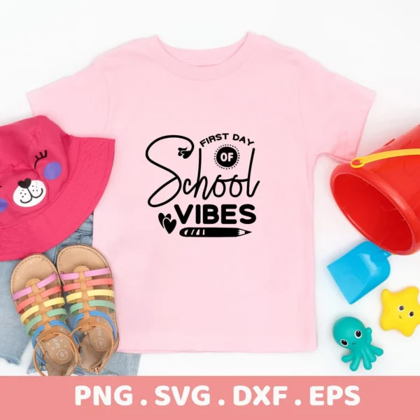 Pink t-shirt with "School Vibes SVG" design, a digital file for Cricut.