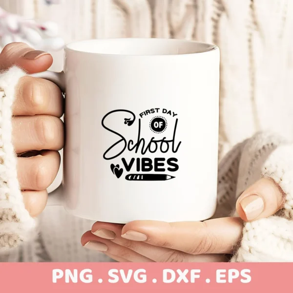 Mug mockup with School Vibes SVG design, a digital file for Cricut and Silhouette projects.