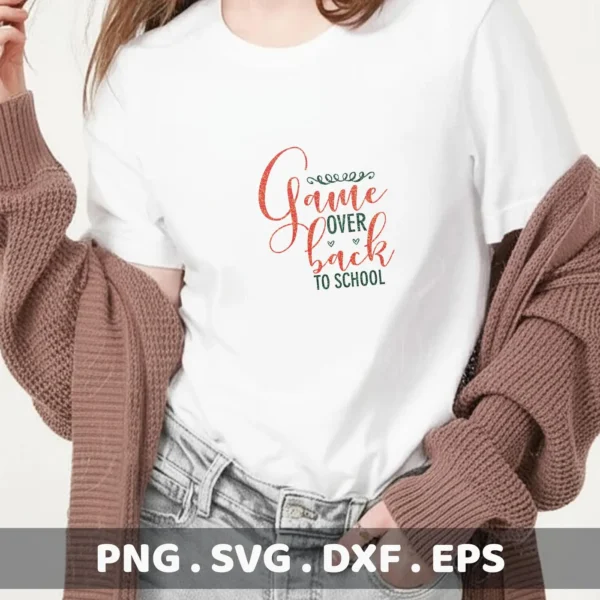 T-shirt mockup with "Game Over SVG" design. Digital file for Cricut, Silhouette.