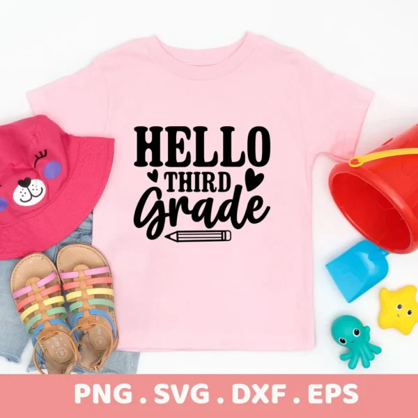 Pink t-shirt with "Hello Third Grade" design, a Third Grade SVG digital file for back-to-school crafts.