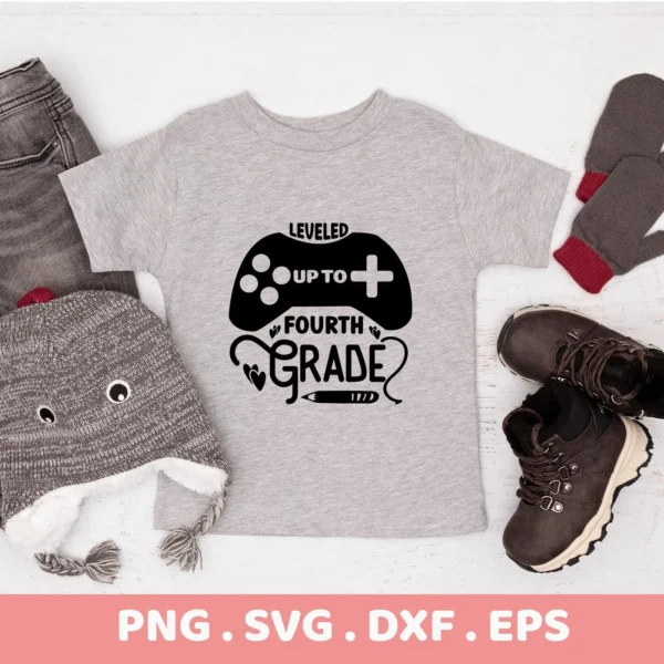 T-shirt mockup with "Leveled Up Fourth Grade" gamer design. Fourth Grade SVG file for Cricut, Silhouette.