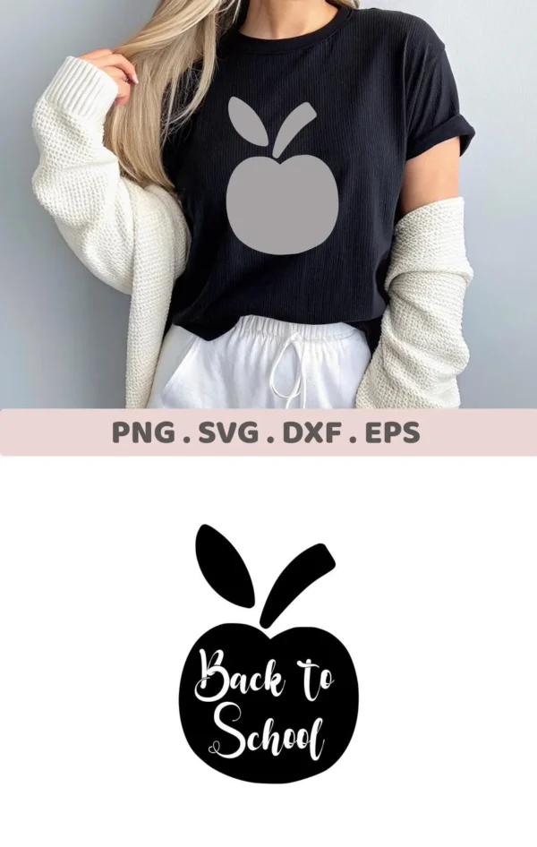 Woman wearing t-shirt with apple design. Back to School SVG, digital file for crafting.