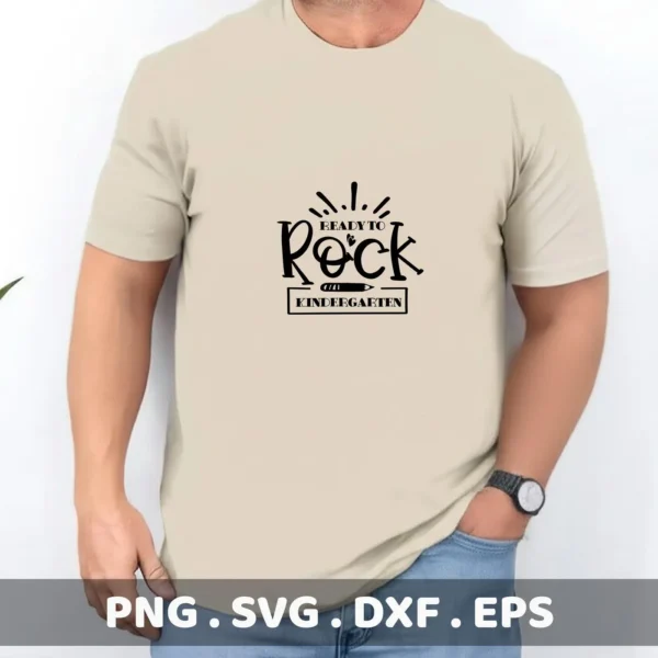 T-shirt mockup with "Kindergarten Rock" SVG design, a digital file for Cricut and Silhouette projects.