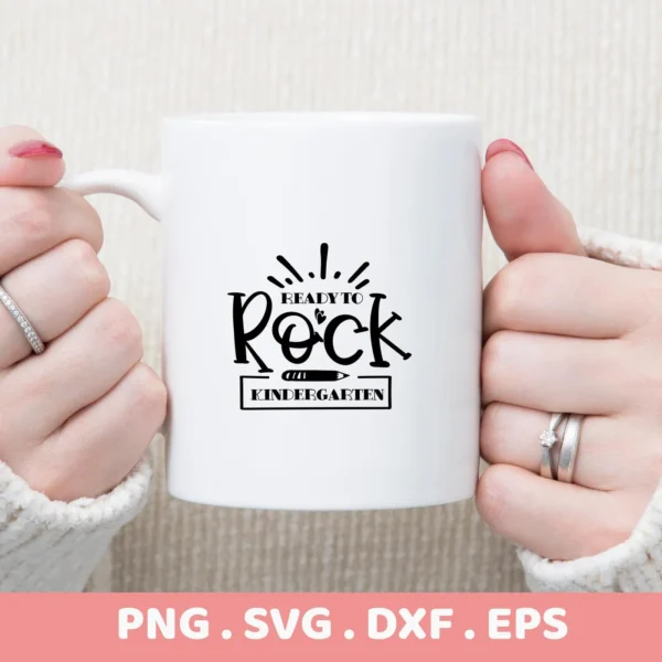 White mug mockup with "Kindergarten Rock SVG" design, a digital file for back-to-school crafts.
