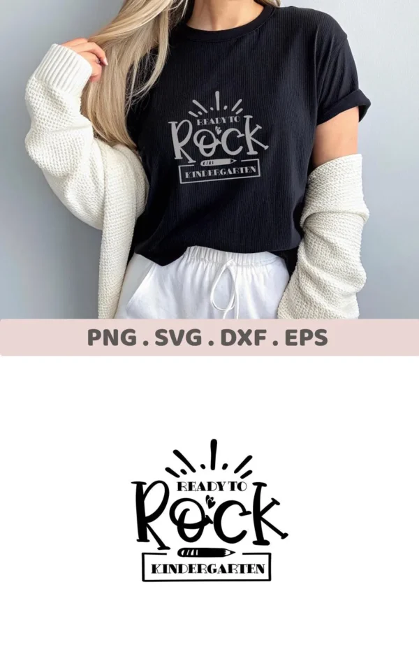 Ready to Rock Kindergarten" design on black shirt, a Kindergarten Rock SVG digital file for Cricut and Silhouette.