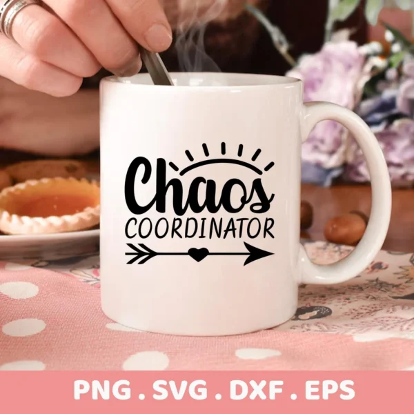 White mug with "Chaos Coordinator" SVG design, part of digital SVG bundle for Cricut and Silhouette.