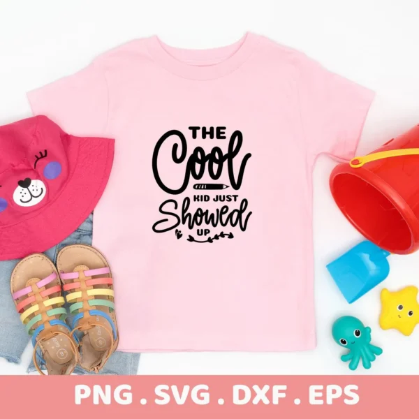 Pink t-shirt with "Cool Kid" SVG design, a digital file for back-to-school crafts.