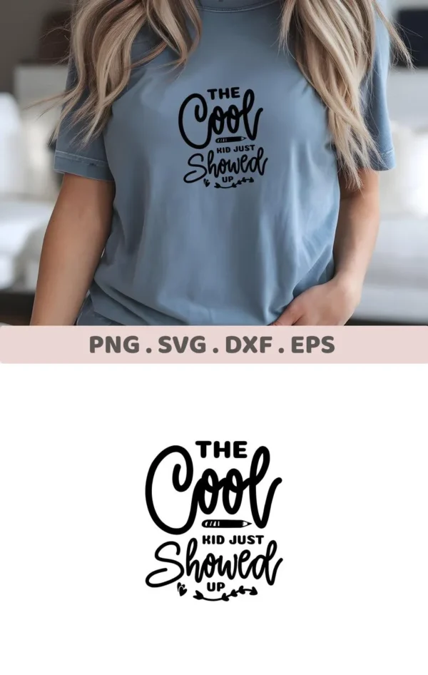 Cool Kid" SVG design on a blue t-shirt, a digital file for Cricut and Silhouette cutting machines.