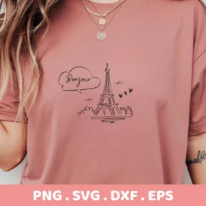 T-shirt mockup with Eiffel Tower SVG design. Digital cut file for Cricut and Silhouette.