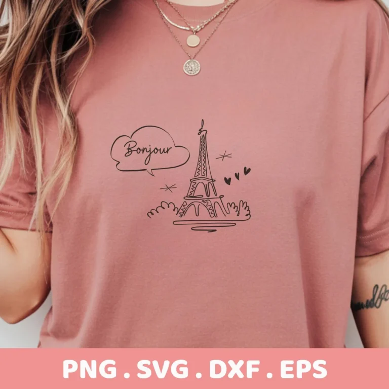 T-shirt mockup with Eiffel Tower SVG design. Digital cut file for Cricut and Silhouette.