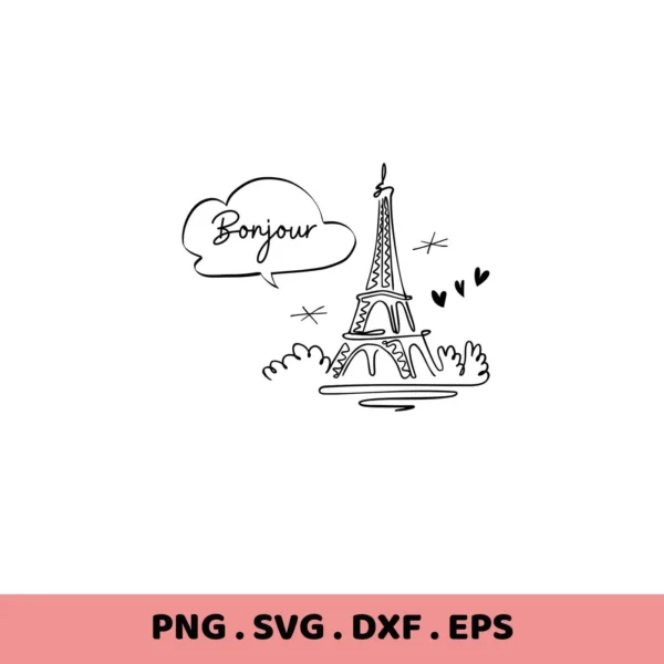 Eiffel Tower SVG design with "Bonjour" speech bubble, a digital cut file for Cricut.