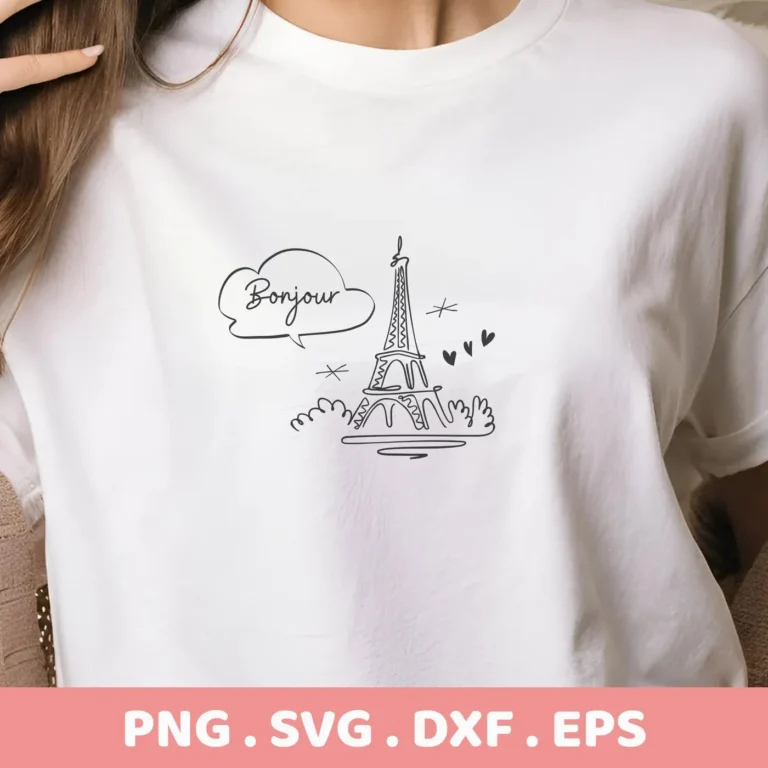T-shirt mockup with Eiffel Tower SVG design. Digital file for Cricut, Silhouette.