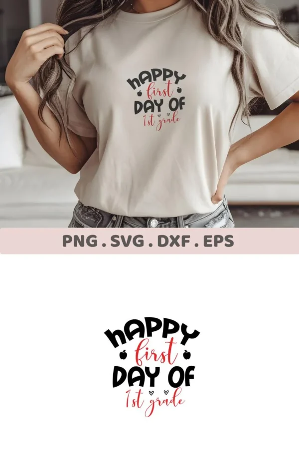 T-shirt mockup with "Happy First Day of 1st Grade" First Grade SVG design, a digital file for Cricut.