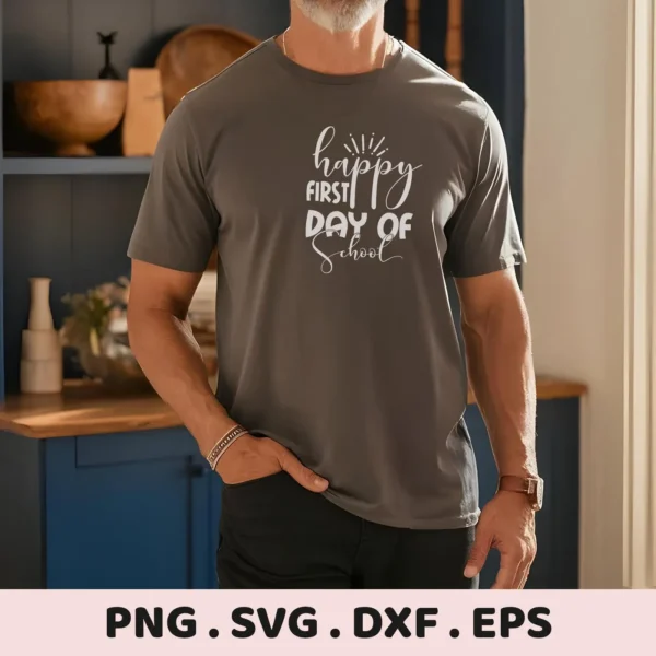 Man wearing t-shirt with "Happy First Day School" design. First Day School SVG file for Cricut.