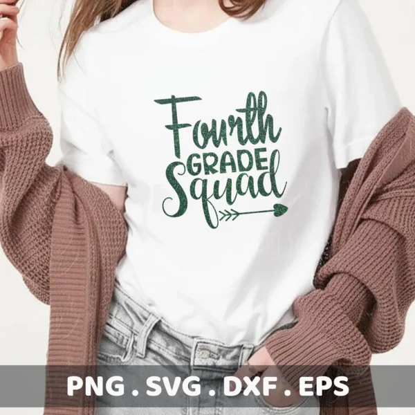 Mockup of "Fourth Grade Squad" SVG design on a white t-shirt. Digital Fourth Grade SVG file for Cricut, Silhouette.