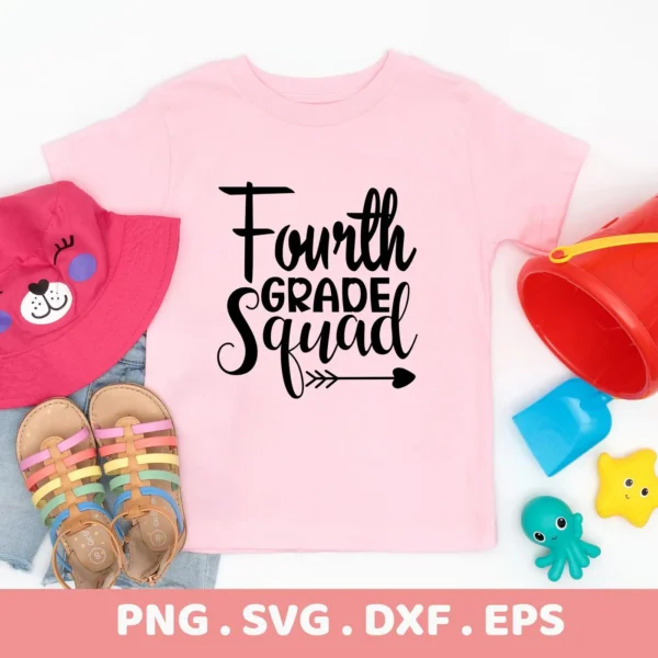 Pink shirt mockup with "Fourth Grade Squad" SVG design, a digital file for back-to-school crafts.