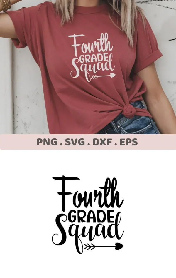 Fourth Grade SVG" design on a maroon t-shirt mockup, a digital file for back-to-school crafts.