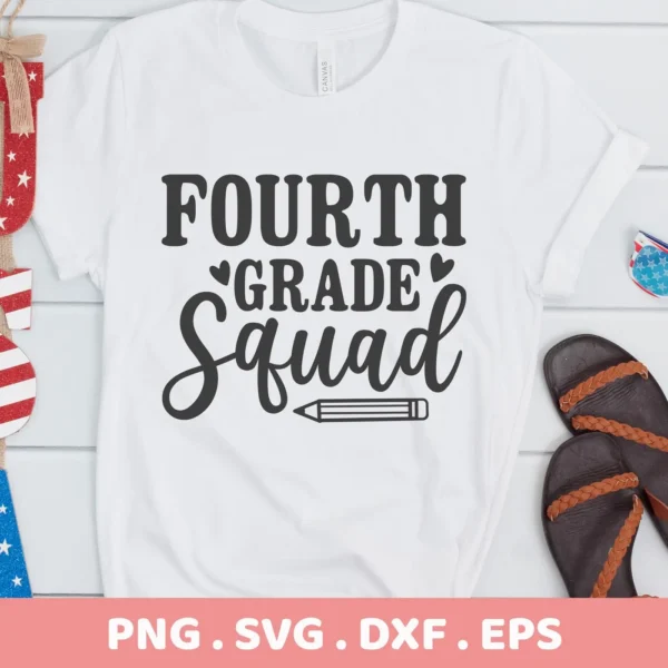 Fourth Grade Squad" design on a white t-shirt. Fourth Grade SVG digital file for Cricut, Silhouette.