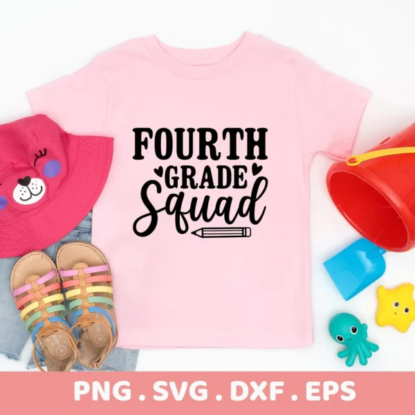 Pink shirt mockup with "Fourth Grade SVG" design, a digital cut file for back-to-school crafts.