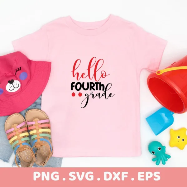 Pink shirt with "Hello Fourth Grade" SVG design, a digital file for Cricut and Silhouette projects.