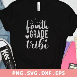 Black t-shirt mockup with "Fourth Grade Tribe" design, a Fourth Grade SVG digital file for Cricut.