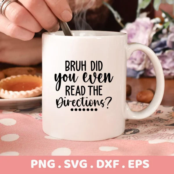 Mug mockup with "Read Directions SVG" design. Digital file for Cricut, Silhouette.
