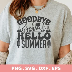 T-shirt mockup with "Hello Summer" SVG design, a digital cut file for Cricut and Silhouette projects.