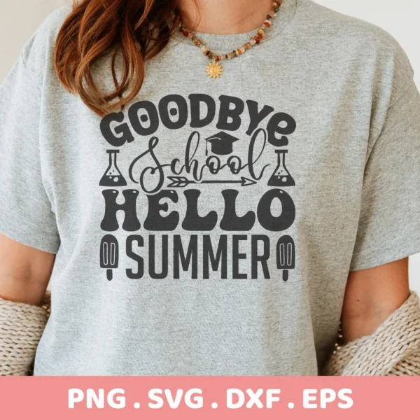 T-shirt mockup with "Hello Summer" SVG design, a digital cut file for Cricut and Silhouette projects.
