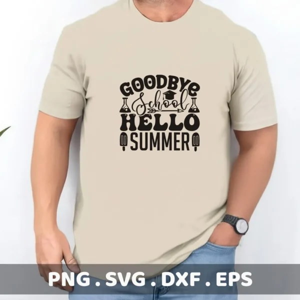 Man wearing t-shirt with "Hello Summer" SVG design. Digital cut file for Cricut, Silhouette.