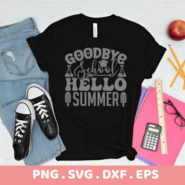 T-shirt mockup with "Hello Summer" SVG design, a digital cut file for Cricut and Silhouette machines.