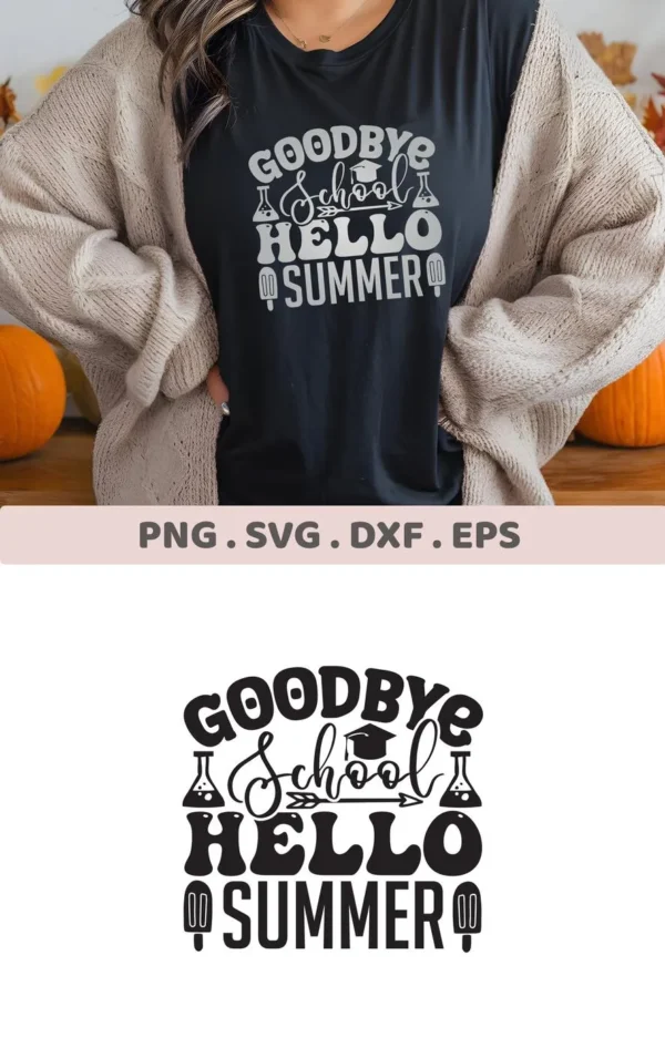 T-shirt mockup with "Hello Summer" SVG design, a digital cut file for Cricut and Silhouette projects.