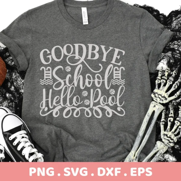 Gray t-shirt mockup with "Hello Pool SVG" design, a digital file for summer crafts.