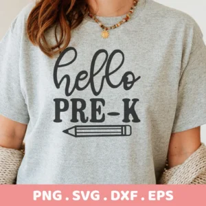 T-shirt mockup with "Hello Pre-K" SVG design, a digital file for Cricut and Silhouette crafting.