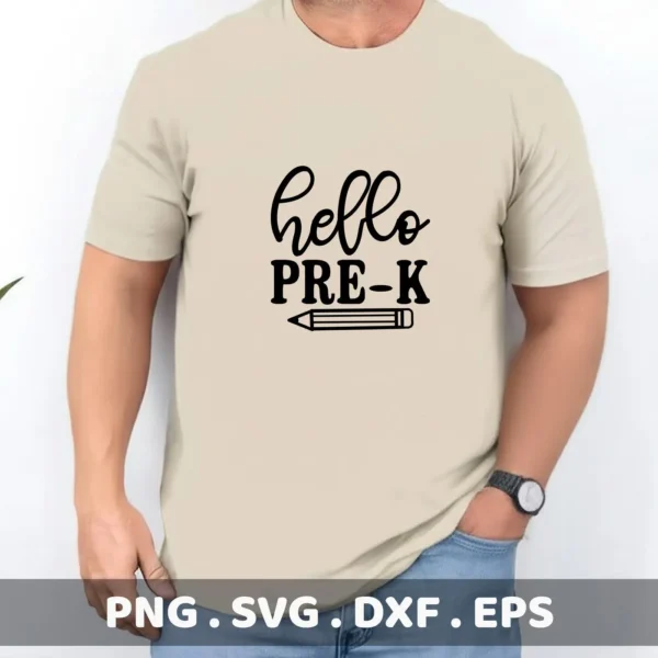 Man wearing t-shirt with "Hello Pre-K" SVG design, a digital file for back-to-school crafts.