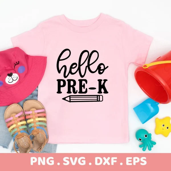 Pink shirt mockup with "Hello Pre-K" SVG design, a digital file for back-to-school crafts.