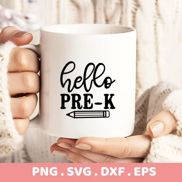 Close-up of mug with "Hello Pre-K" SVG design, a digital file for back-to-school teacher gifts.