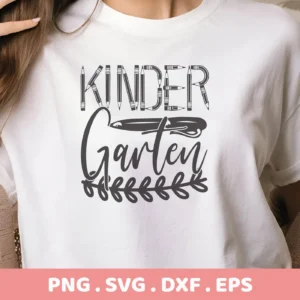 T-shirt mockup with "Kindergarten" SVG design, a digital file for Cricut and Silhouette projects.